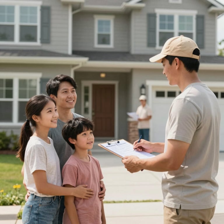 A happy family standing in front of their new North American house, receiving a final checklist from a mover.