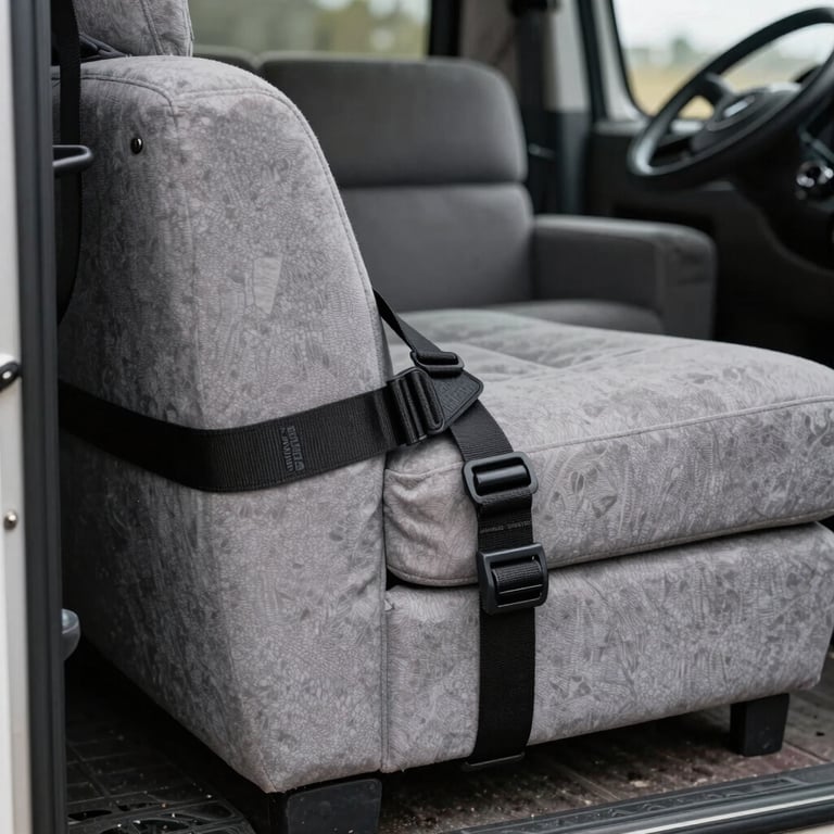 Close-up of protective padding and professional straps securing a high-end sofa inside a truck.