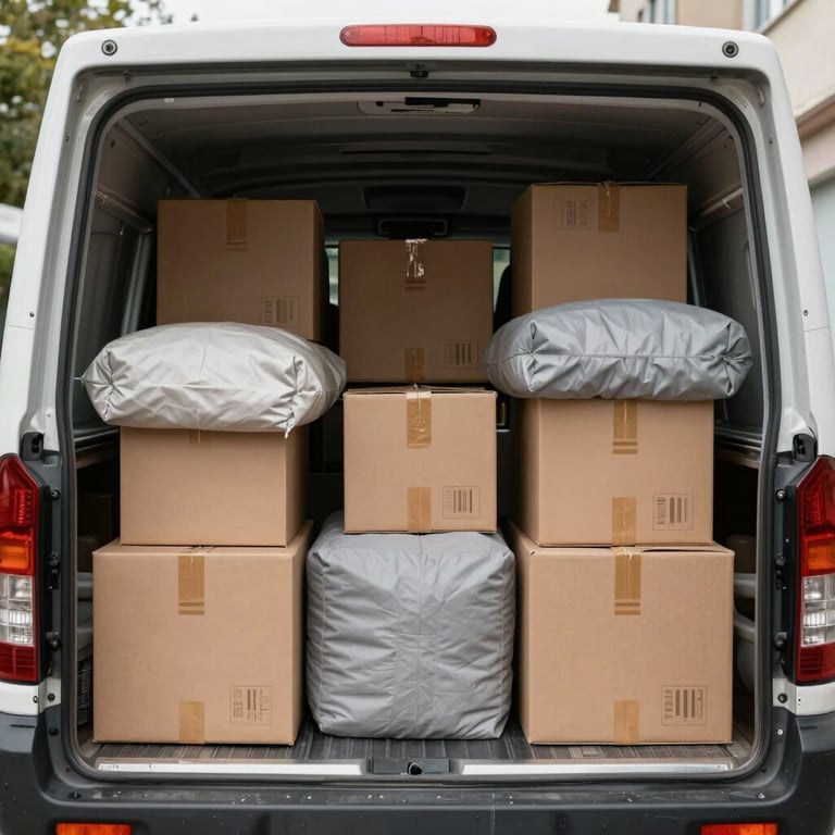 A neatly packed moving truck with organized, labeled boxes and furniture protected by moving blankets.