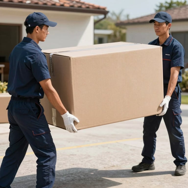 Professional movers in navy blue uniforms lifting a heavy box with proper technique. Bright, sunny day.