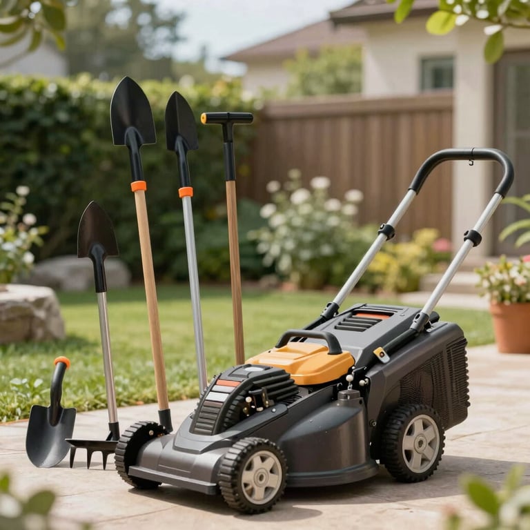 A complete set of gardening tools, including a lawnmower, arranged neatly in a bright backyard.