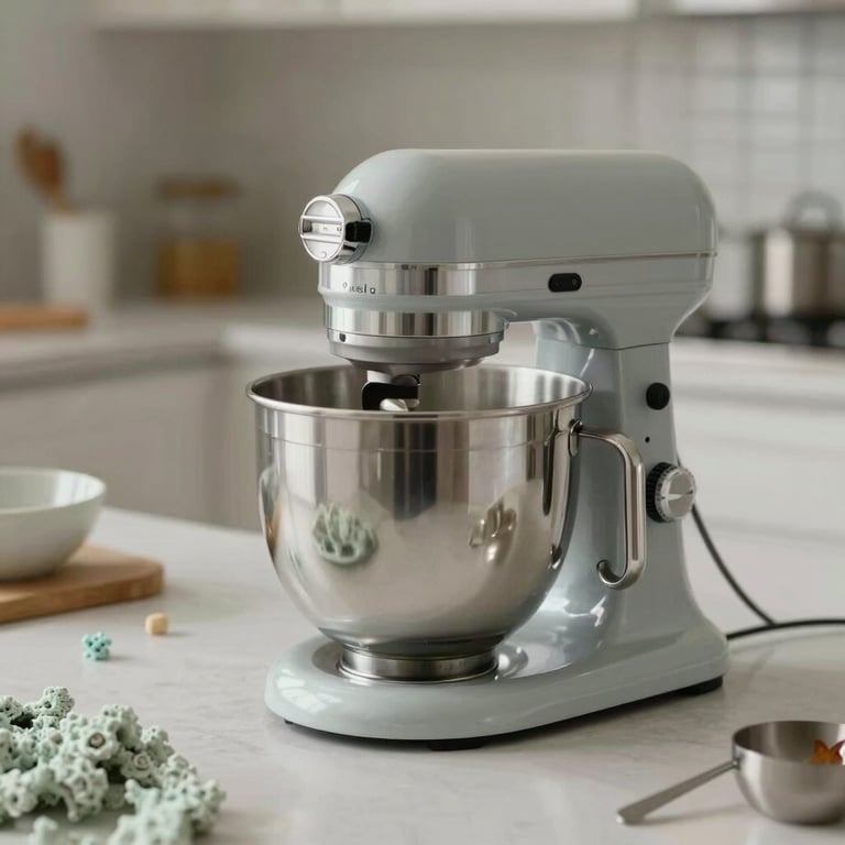 A premium stand mixer and baking accessories on a clean kitchen counter with soft seafoam accents.