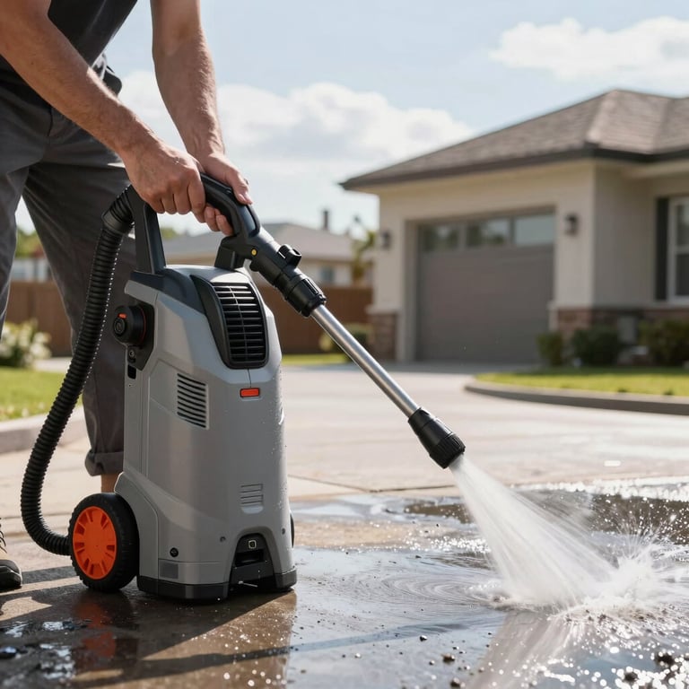 A professional-grade pressure washer being used to clean a modern driveway, bright daylight.