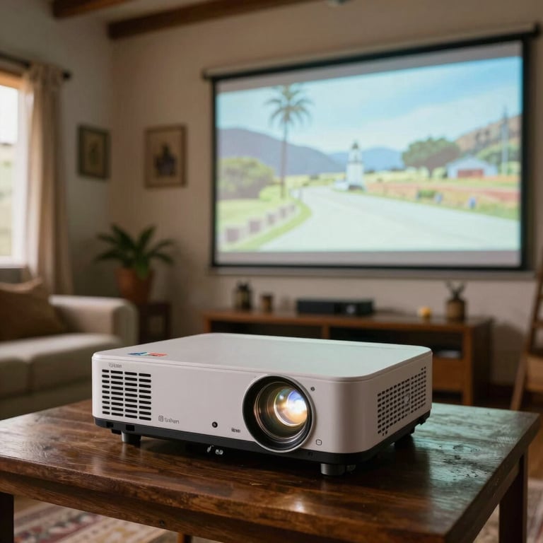 A digital projector and screen set up in a cozy South American living room for a movie night.