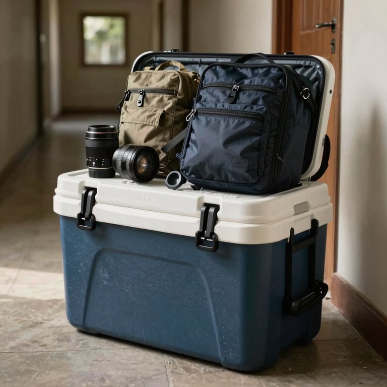 A large, durable cooler and travel accessories packed for a trip, sitting in a sun-drenched hallway.