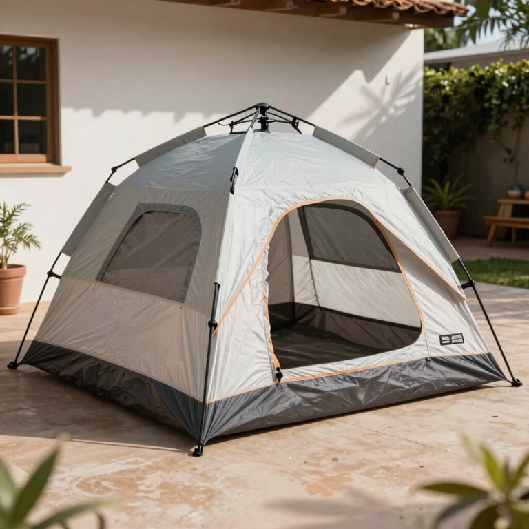A high-quality camping tent and outdoor gear set up on a sunny Brazilian patio, clean and ready for use.
