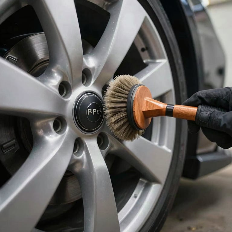 Detailed cleaning of a high-end luxury wheel rim using specialized brushes in a North American / US garage.