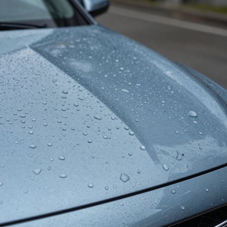 Macro shot of water beads on a slate blue car hood after professional ceramic coating application.