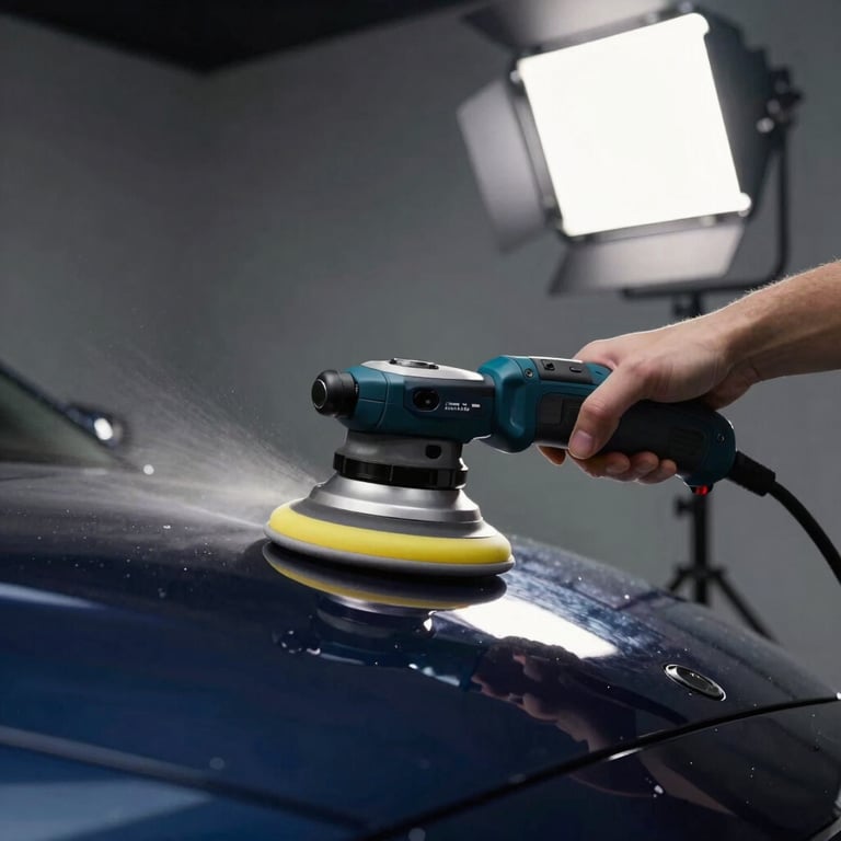 Automotive specialist using a dual-action polisher on a deep navy vehicle surface under bright studio lights.