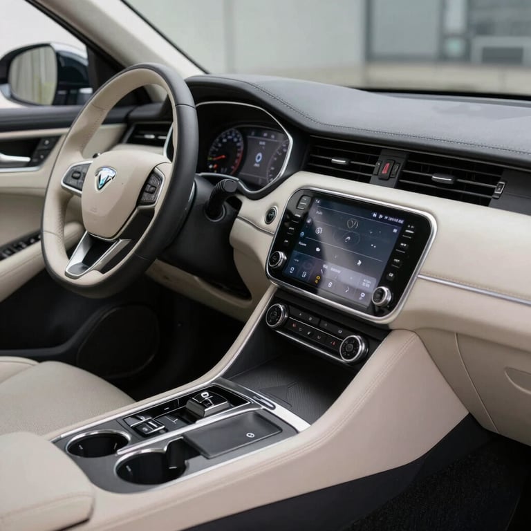 Pristine car dashboard and center console after detailing, emphasizing clarity and order with off-white accents.