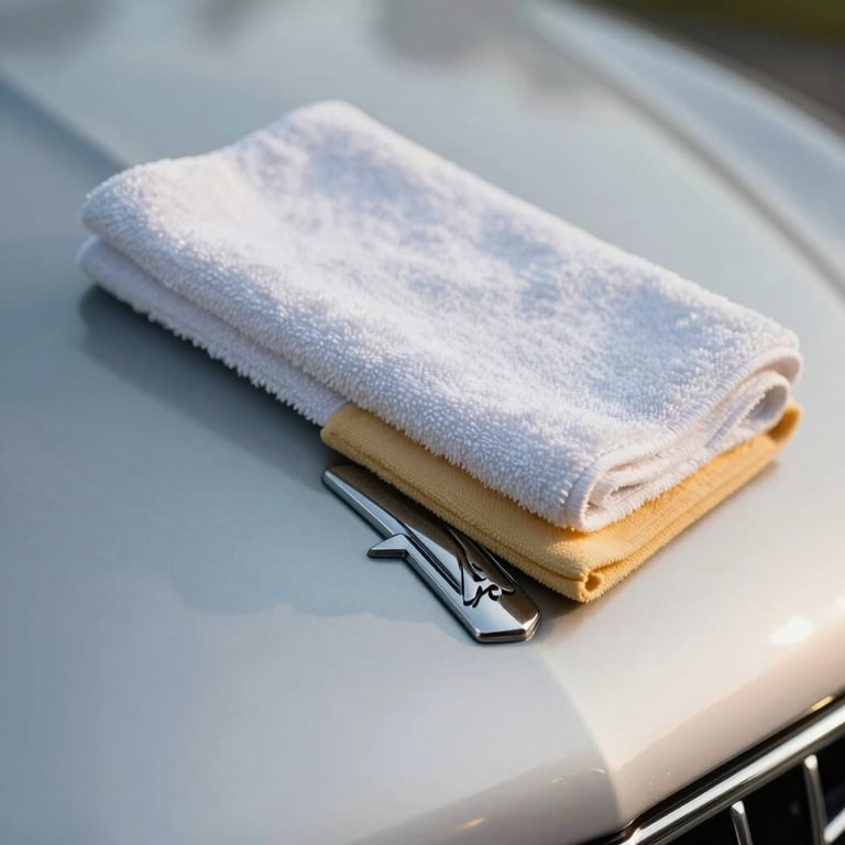 Soft-focus shot of a microfiber towel buffing a chrome emblem on a luxury car in Lebanon, New Hampshire.