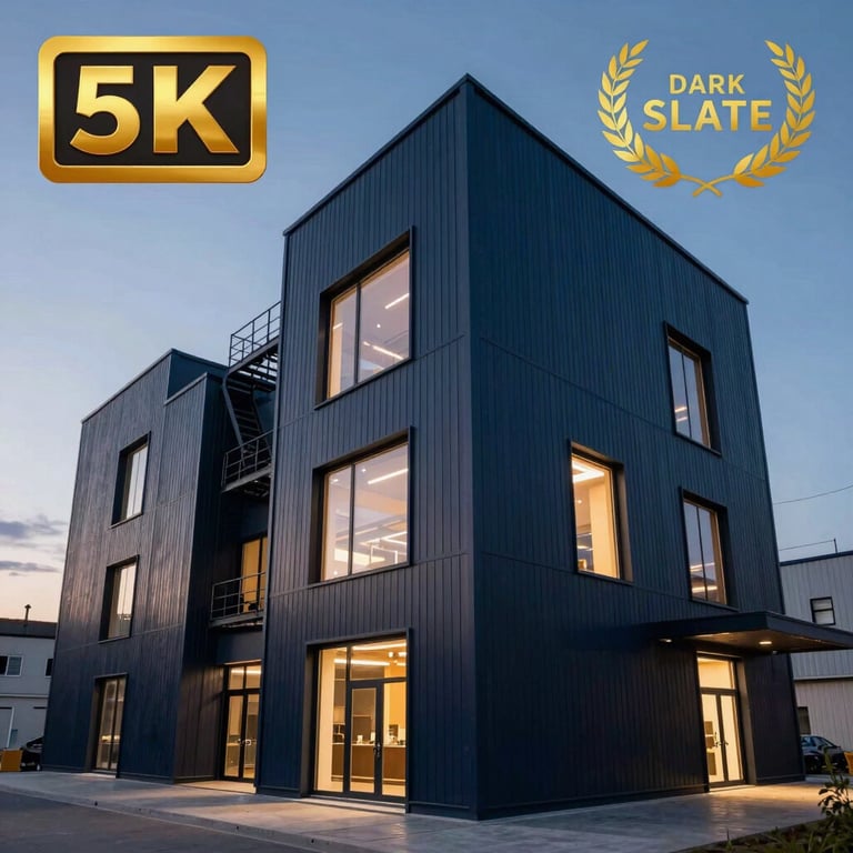 Modern industrial facility exterior in Istanbul at dusk, with professional lighting highlighting the structure in Dark Slate Navy.