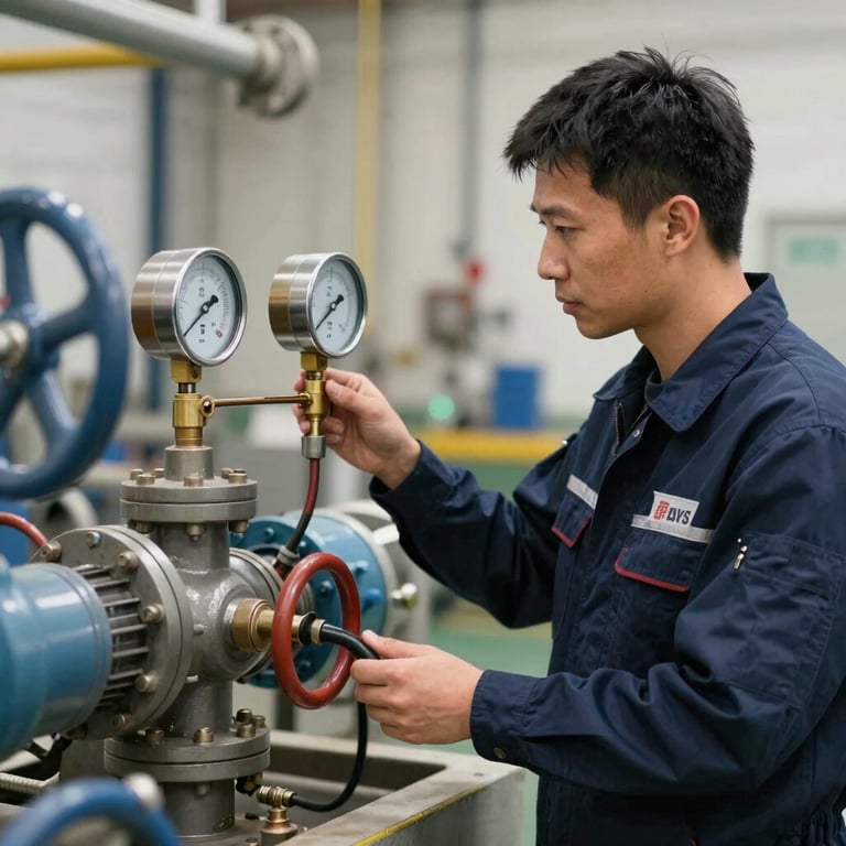 An industrial technician in a navy blue uniform inspecting a pressure gauge on a pump assembly.