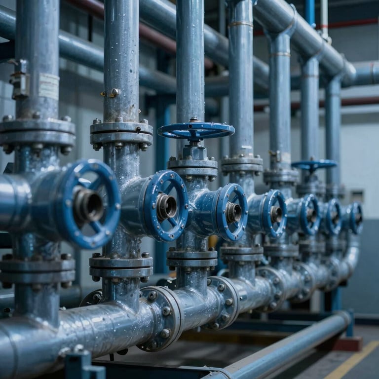 A vertical array of fire suppression piping and valves in an industrial setting, featuring Cool Steel Blue lighting.