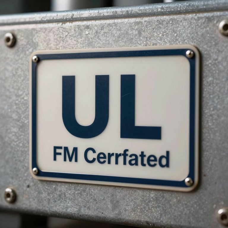 Close-up of a UL FM certification plate on a metallic industrial surface with Deep Charcoal Blue accents.