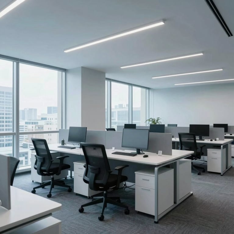 A modern, open-plan technology office in the US featuring minimalist desks, large windows, and a professional light blue-grey color scheme.