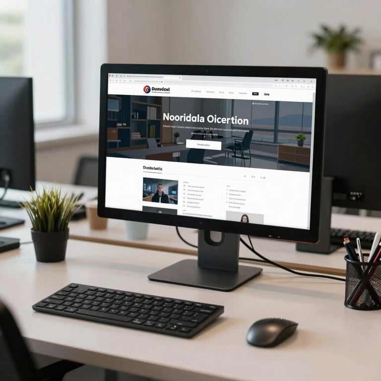 A clean and organized professional workspace with a large monitor displaying a modern website interface in a high-end North American office.