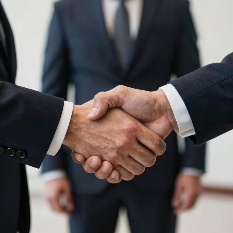 A close-up of a firm handshake between two business professionals in a sleek North American corporate setting with dark navy and off-white backgrounds.