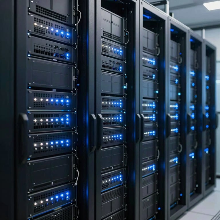 A high-tech server room with clean rows of hardware glowing with muted blue and white indicator lights, representing data infrastructure.