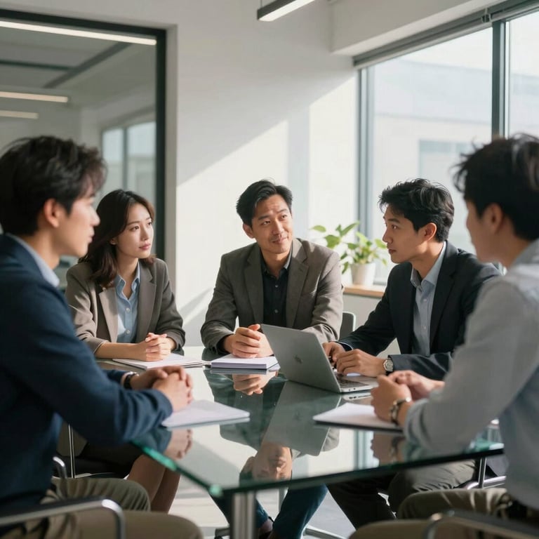 A group of IT professionals brainstorming together at a glass table in a sunlit, contemporary office space in the United States.