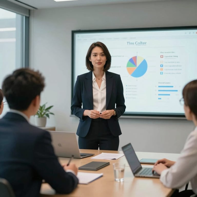 A professional woman in business attire leading a technical presentation in a bright, tech-forward boardroom in North America.
