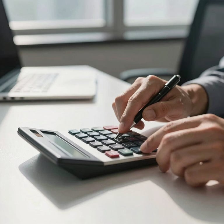 Close-up of a person using a calculator and pen on a clean desk, sunlight streaming through an office window, North American / US setting.