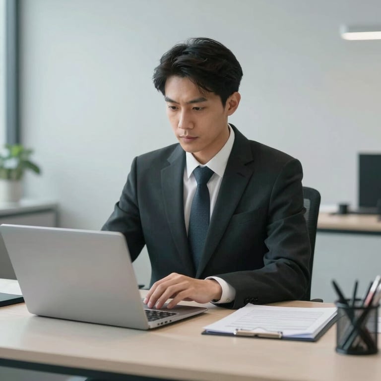 A professional worker in business attire working in a light grey minimalist office, focused and efficient, North American / US context.