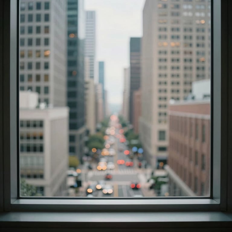 An blurred background of a bustling but orderly North American / US business district seen through a high-rise office window.