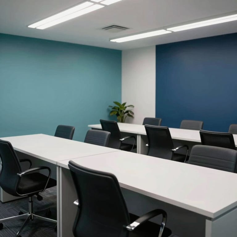 Interior of a modern financial consulting room with teal and dark blue accents, clean white desks, North American / US business environment.