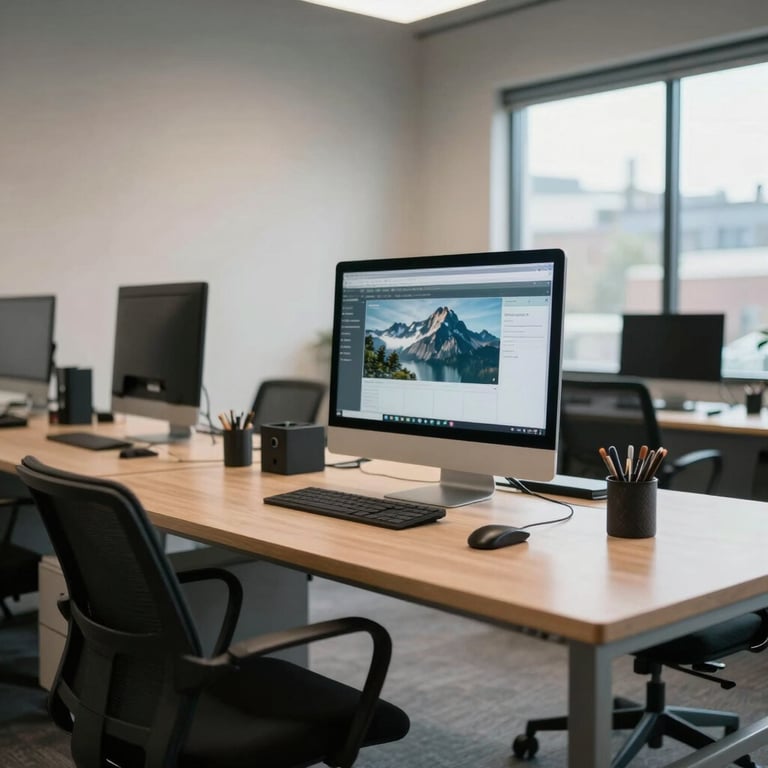 A medium shot of a modern, uncluttered workspace in Washington State, showcasing efficiency and reliability, North American / US style.