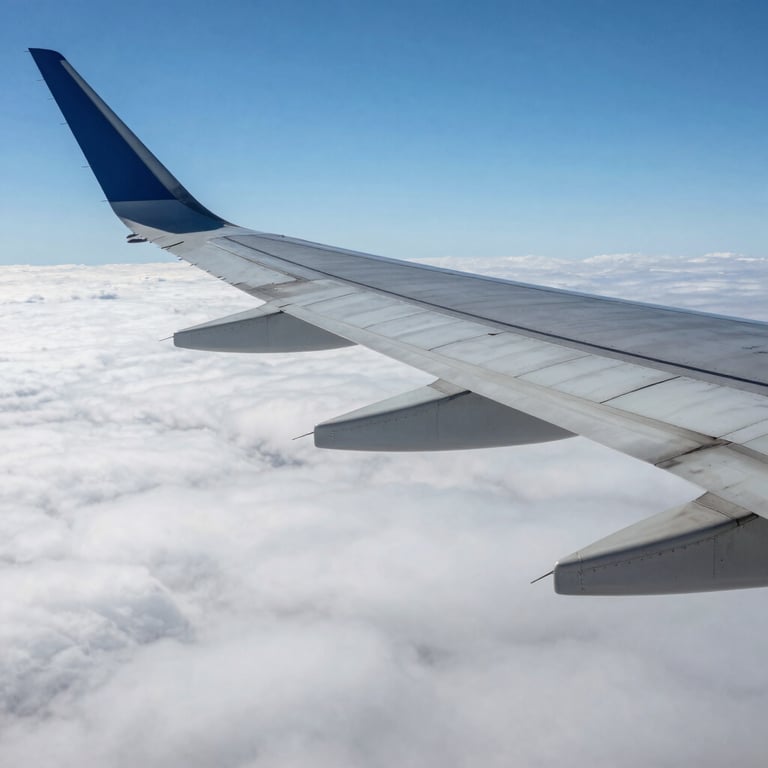 A scenic view of a modern airplane wing above the clouds, symbolizing the pathway to global opportunities, professional style.
