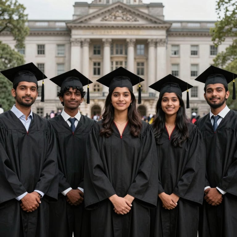 A group of South Asian / Indian students celebrating their graduation in a historic European university city, wearing gowns, high-contrast professional photography.