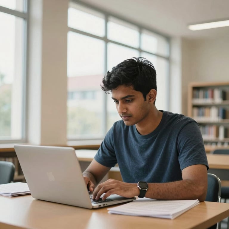 A South Asian / Indian student studying in a bright, modern European library with large windows and Off-white walls.