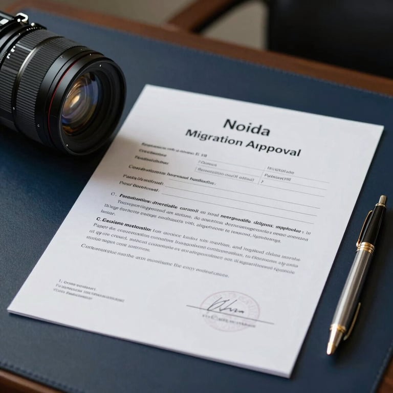 A detailed shot of a migration approval document and a luxury pen on a Dark Navy desk in a Noida office.