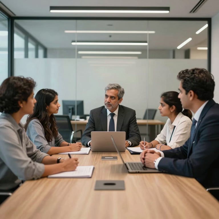 A professional meeting between a South Asian / Indian family and a consultant in a sleek, modern Noida office setting.