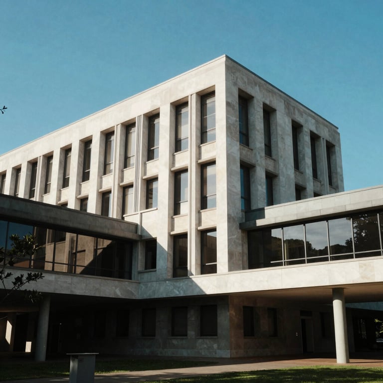 The modern architecture of a university in Australia under a bright, aspirational Light Blue sky.