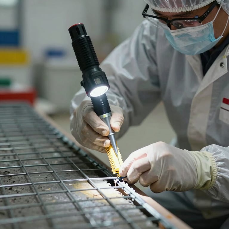 A close-up shot of a technician in clean technical gear precisely sealing a foundation gap with steel mesh and caulk, illuminated by a sharp flashlight beam