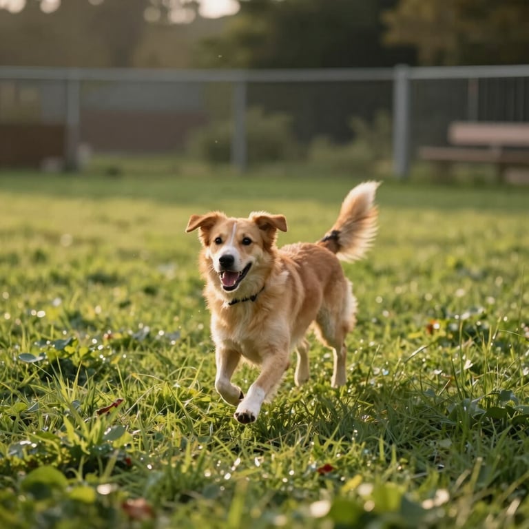 Energetic dog playing fetch in a lush, fully fenced green yard under natural daylight, blurred background, eye-level framing.