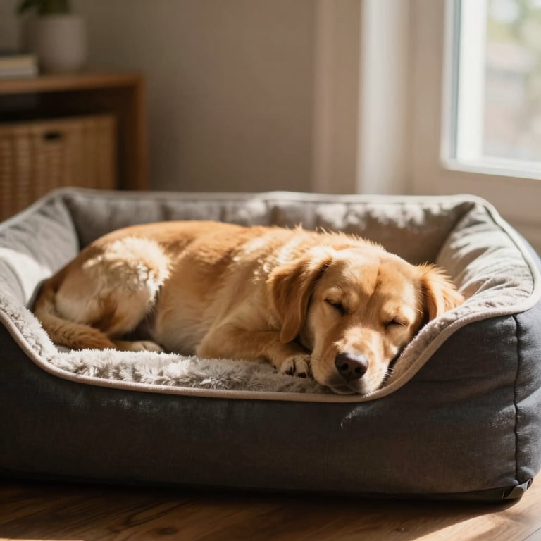 Happy dog sleeping soundly on a comfortable dog bed in a cozy, sun-drenched home, natural light, shallow depth of field.