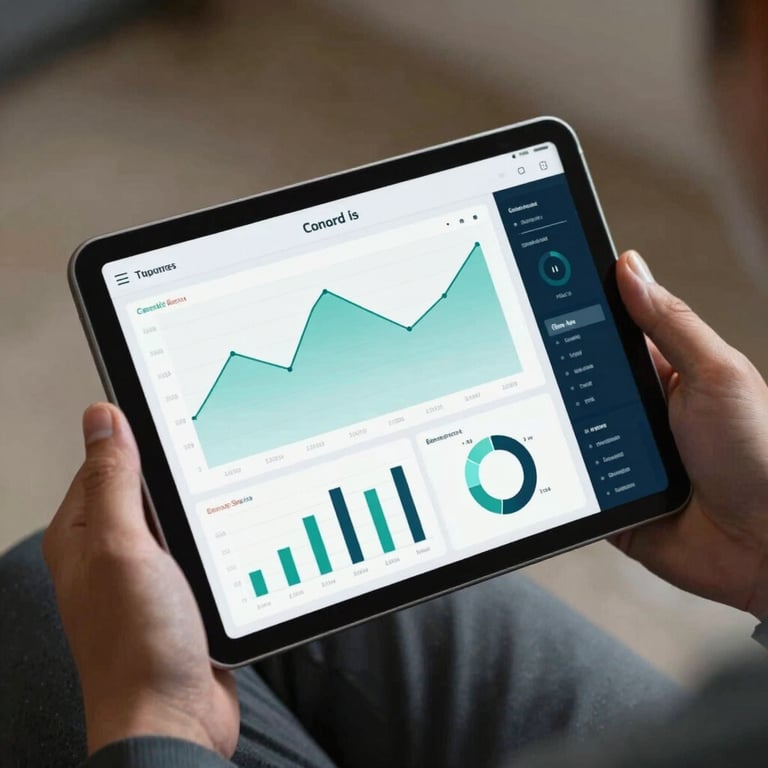 A professional holding a tablet showing a sophisticated data dashboard with charts in soft teal and deep navy colors.