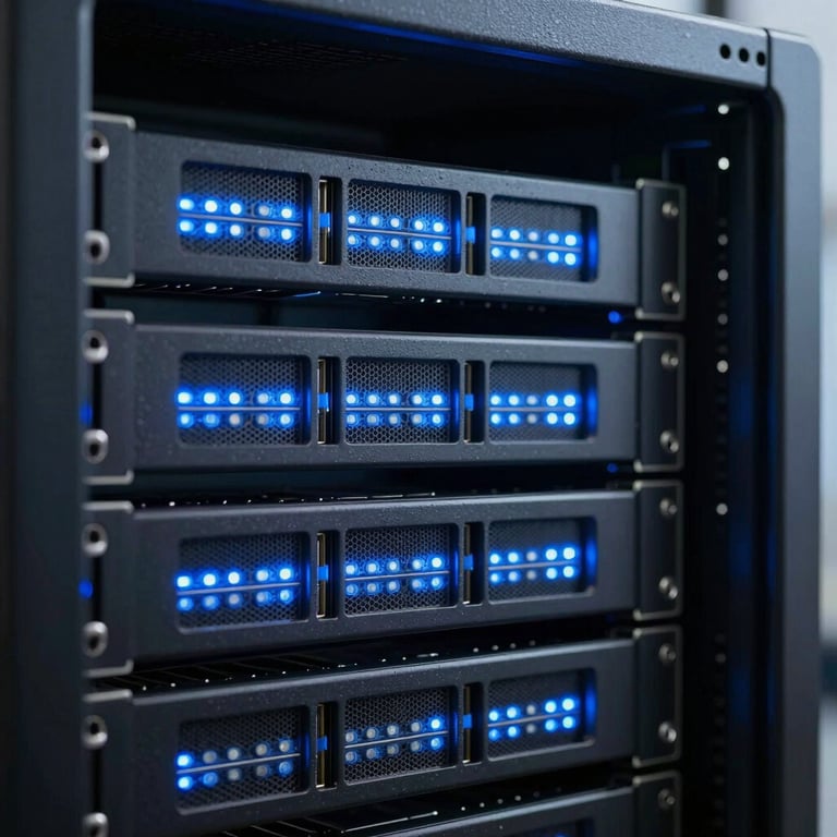 A close-up of a high-end server rack with glowing blue LED lights, symbolizing digital transformation and technical infrastructure.