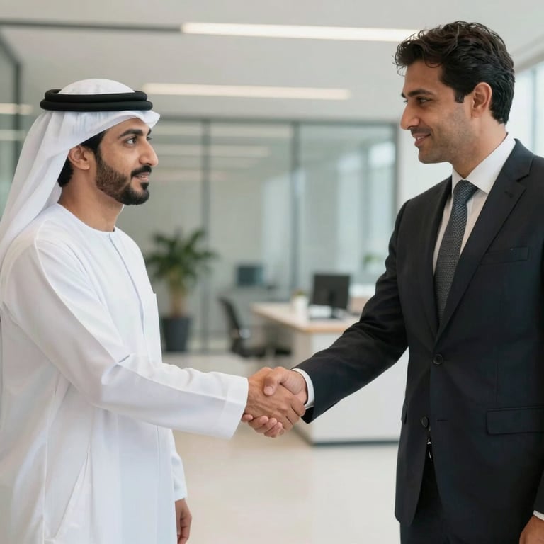 Two professionals in a modern Middle Eastern / Gulf corporate setting shaking hands over a deal, wearing professional business attire.