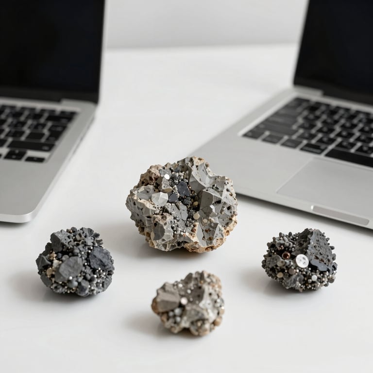 A clean, minimalist workspace featuring a laptop and mineral ore samples, representing the minerals sector, in cloud grey tones.