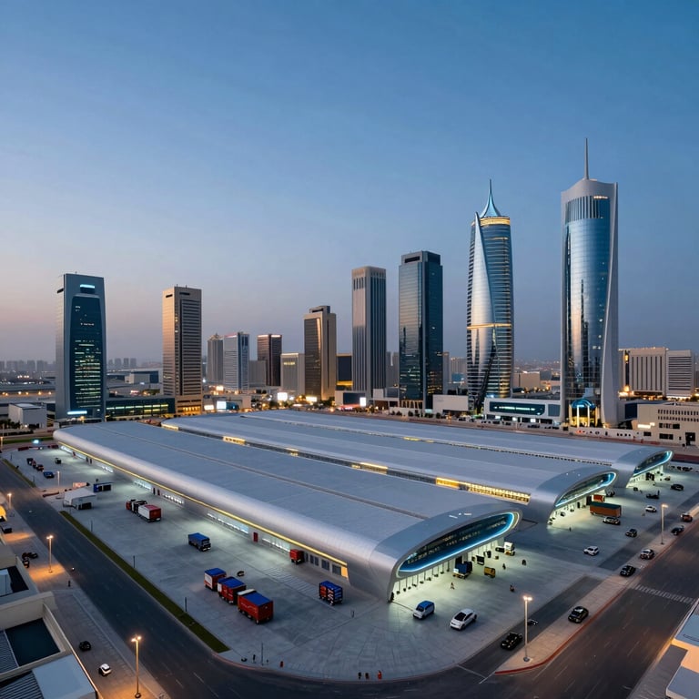 A wide shot of a futuristic logistics hub with modern architecture in a Middle Eastern / Gulf urban area during blue hour.