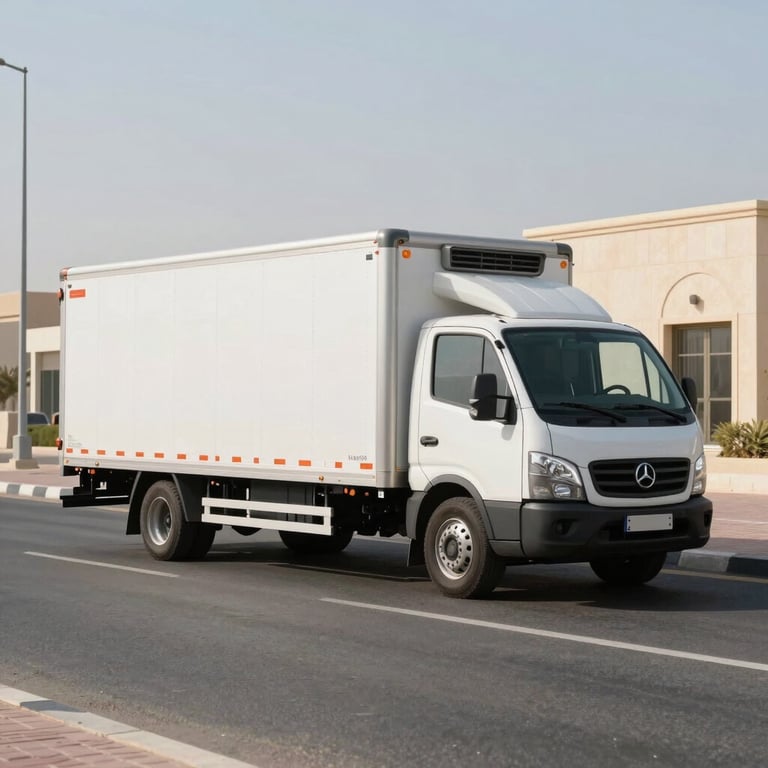 Wide shot of clean, branded, fully enclosed transport vehicles parked on a clean Abu Dhabi street under bright midday desert light.