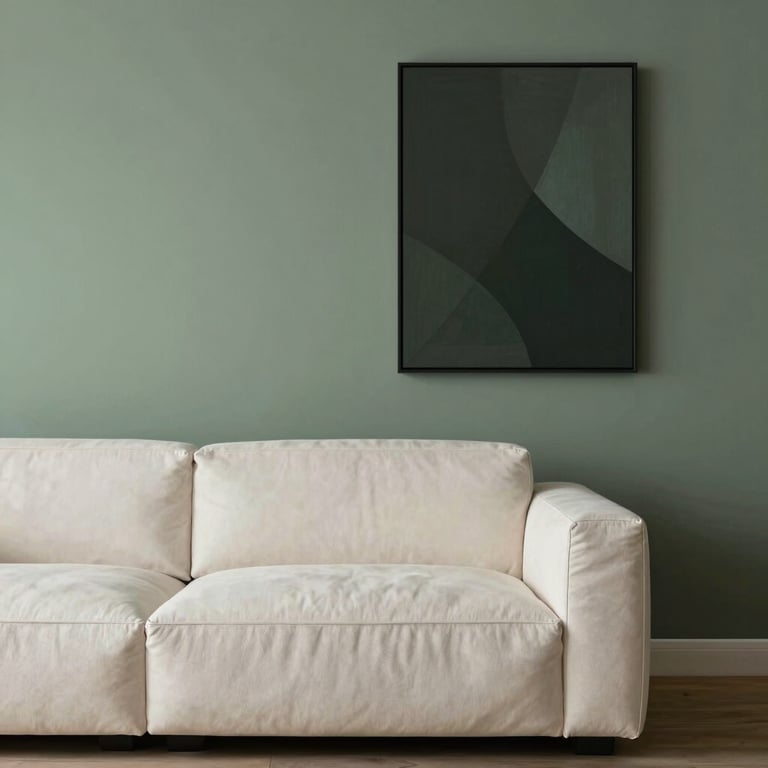 A modern interior space featuring an off-white sofa and minimalist art in slate green.