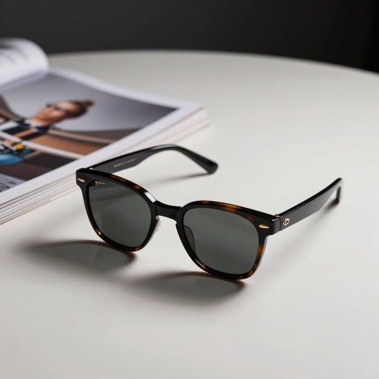 A pair of designer sunglasses resting next to a curated magazine on a minimalist table.