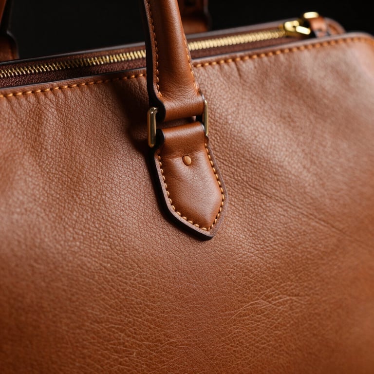High-quality leather bag detail showing fine stitching in a sophisticated studio setting.