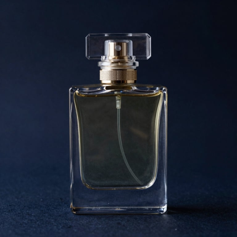 An elegant glass perfume bottle on a dark navy background, backlit with soft light.