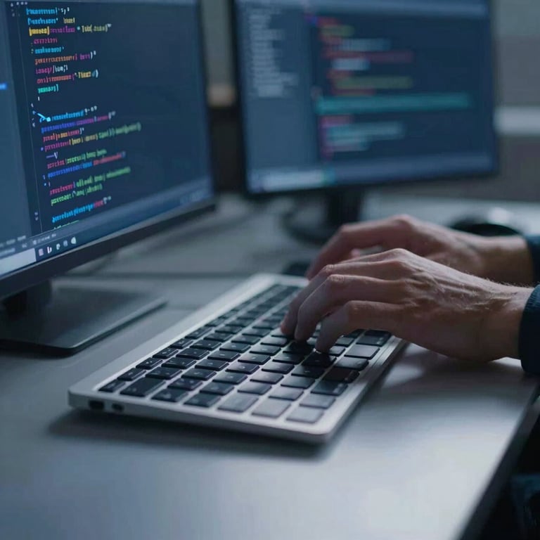High-contrast shot of a software developer's hands over a backlit keyboard, with code reflecting on a glass surface in shades of slate blue (#2C5364).